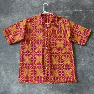 Vintage 60s Hawaiian Shirt Mens M Red Orange Barkcloth Tiki Beach Camp Aloha